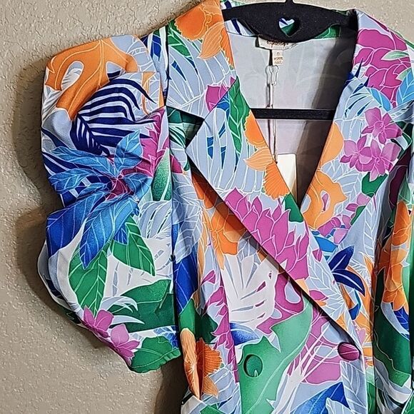 NWT Small Blazer Top Puff Sleeve tropical print with belt - Picture 3 of 9